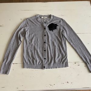 Loft Black White Stripe Crew Neck lightweight Cardigan Sweater w/ Flower Small